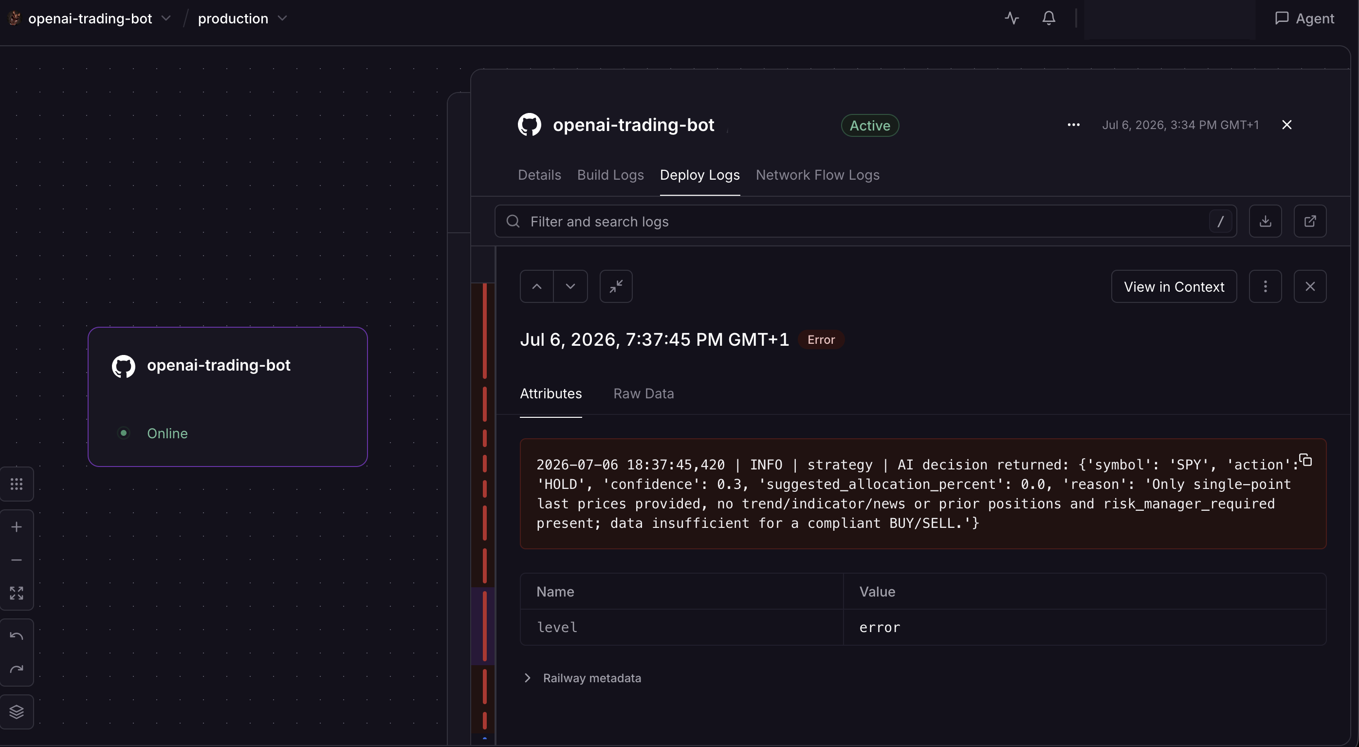 AI Trading Bot Railway hosting screen
